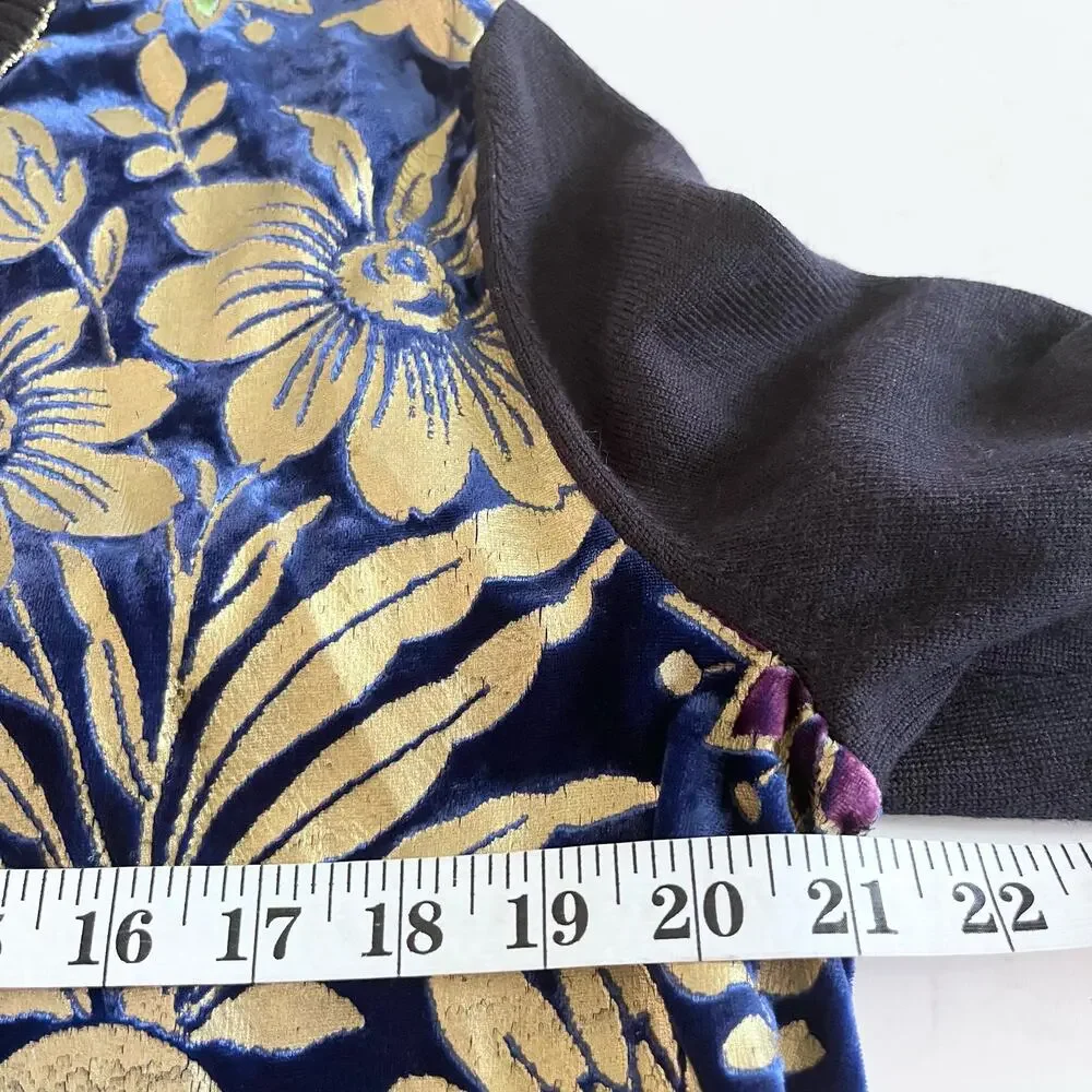 Tory Burch Hollis Floral Foil Print Velvet Front Navy Crewneck Sweater Size XL